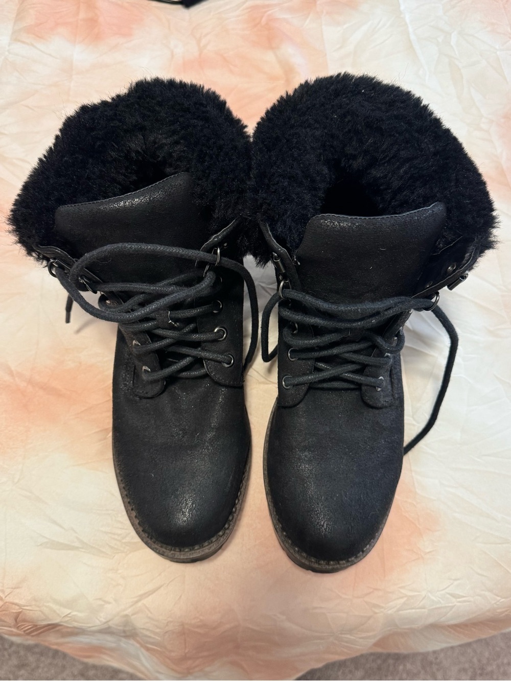 Esprit Black Faux Fur Lace-Up Combat Boots